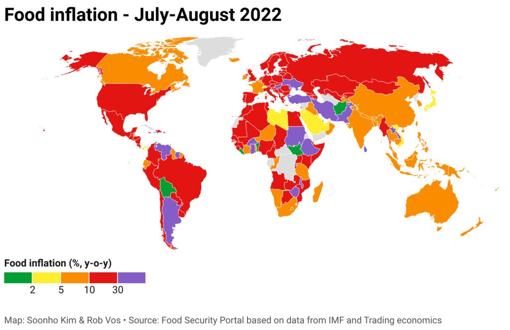 Kondisi inflasi pangan pada Juli-Agustus 2022 yang menunjukkan semakin banyak negara masuk dalam zona merah inflasi.