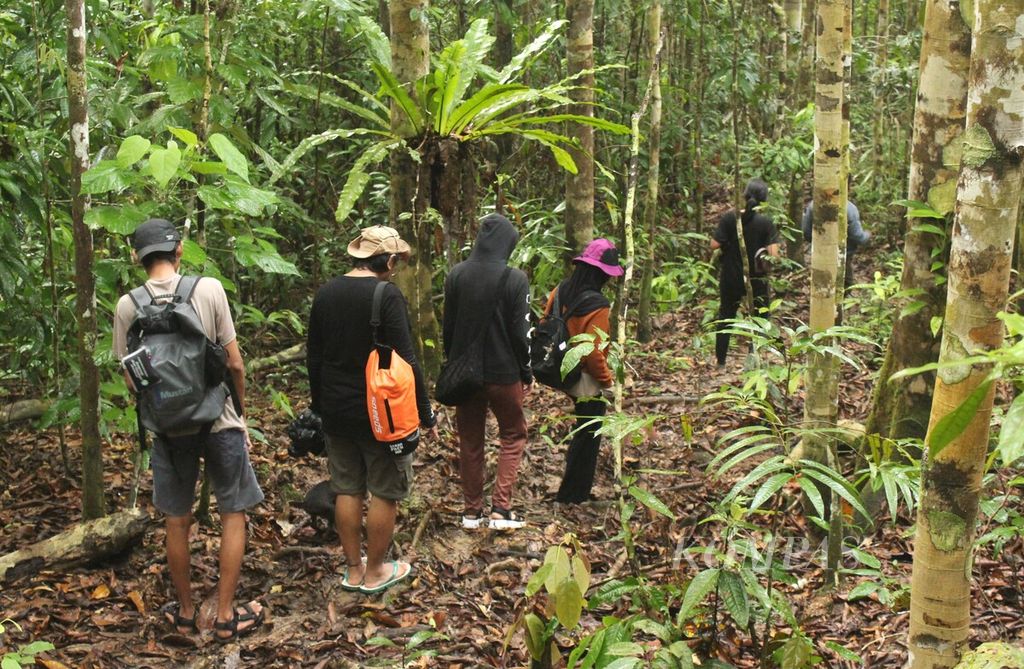 Pengunjung berjalan kaki di kawasan ekowisata di Kampung Kapatcol, Misool Barat, Kabupaten Raja Ampat, Papua Barat Daya, Rabu (27/3/2024).
