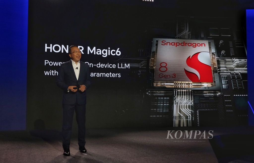 CEO Honor George Zhao mengumumkan ponsel Honor Magic6 akan mengusung cip Snapdragon 8 Gen 3, saat berada di Snapdragon Summit di Maui, Hawaii, Amerika Serikat, Rabu (25/10/2023) waktu setempat.
