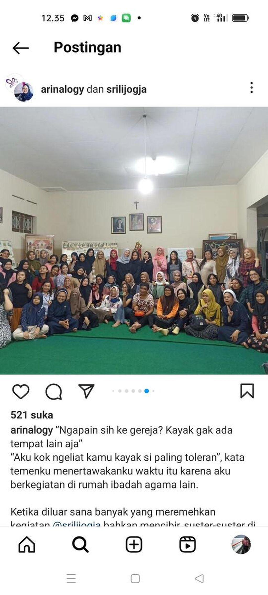 Unggahan status Sekretaris II Srikandi Lintas Iman, Arina Rahmatika, di Instagram, Minggu (26/3/2023).