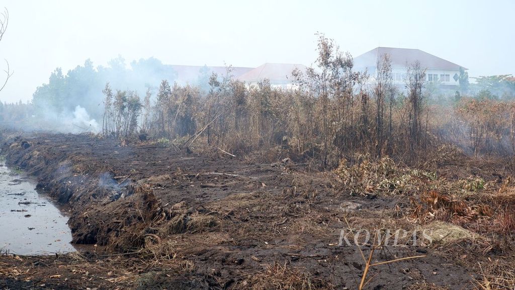 Asap masih mengepul dari lahan gambut yang terbakar di Kecamatan Gambut, Kabupaten Banjar, Kalimantan Selatan, Sabtu (30/9/2023). 