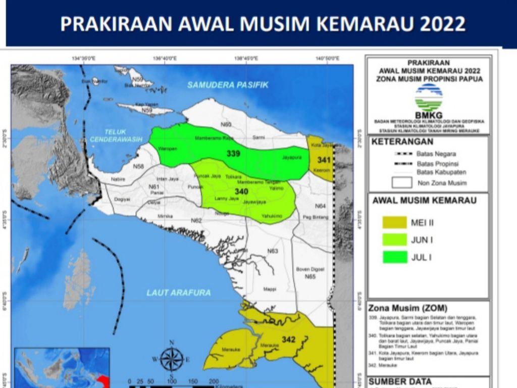 Infografis prakiraan musim kemarau di empat wilayah zona musim Papua tahun 2022.