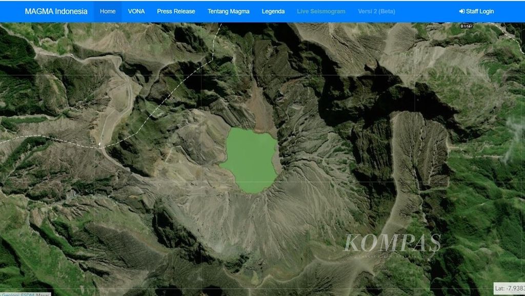 Tangkapan layar dari laman Magma Indonesia yang memperlihatkan kawah Gunung Kelud di perbatasan Kabupaten Malang, Kediri, dan Blitar, di Jawa Timur, Minggu (3/4/2022).