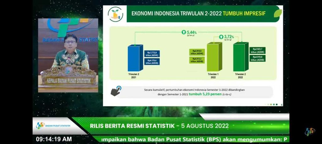 Kepala Badan Pusat Statistik Margo Yuwono saat menyampaikan rilis terkait pertumbuhan ekonomi Indonesia triwulan II-2022, di Jakarta, Jumat (5/8/2022).