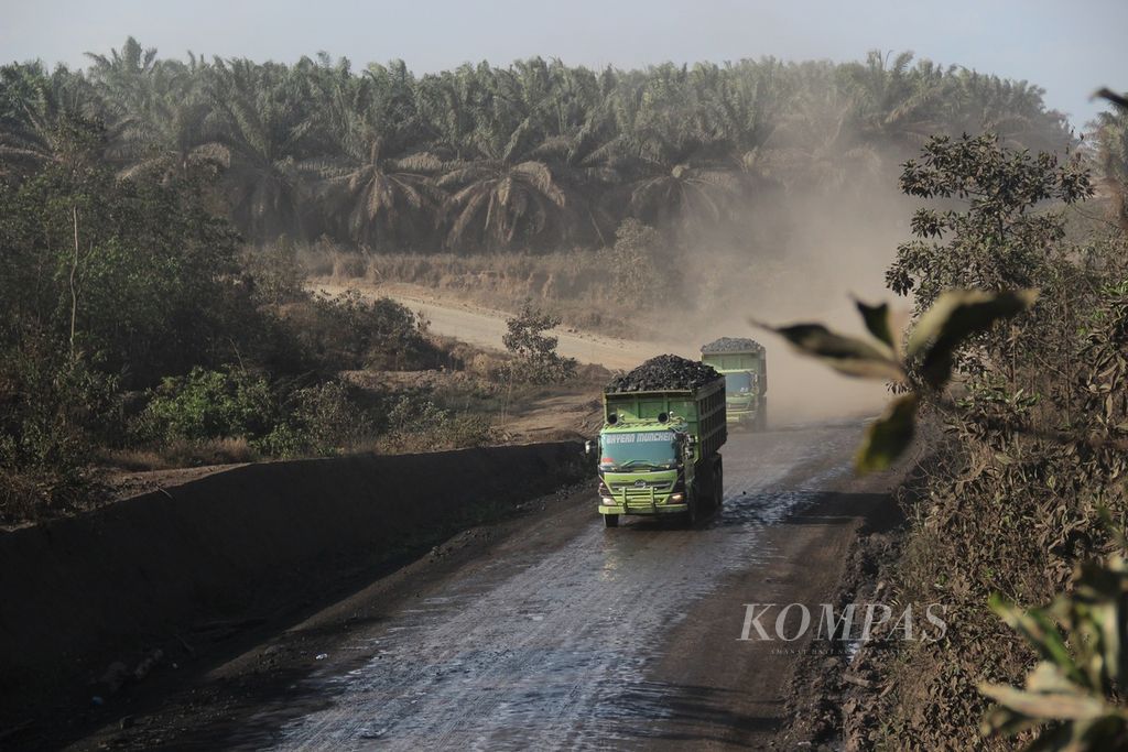 Truk pengangkut batubara melintasi jalan khusus angkutan tambang batubara di wilayah Kabupaten Tanah Bumbu, Kalimantan Selatan, November 2014.