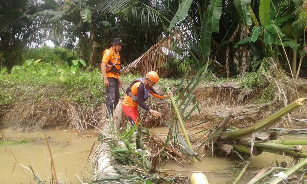 Tim SAR menyisir pinggir sungai untuk mencari korban hilang akibat banjir bandang dan tanah longsor di Kampung Langgai, Nagari Gantiang Mudiak Utara Surantih, Kecamatan Sutera, Pesisir Selatan, Sumatera Barat, Minggu (10/3/2024).