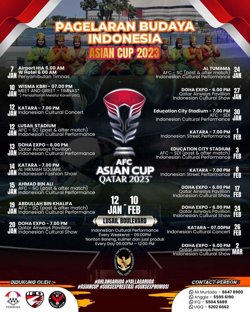Jadwal pagelaran kebudayaan Indonesia selama Piala Asia 2023 di Qatar, Januari-Februari 2024.