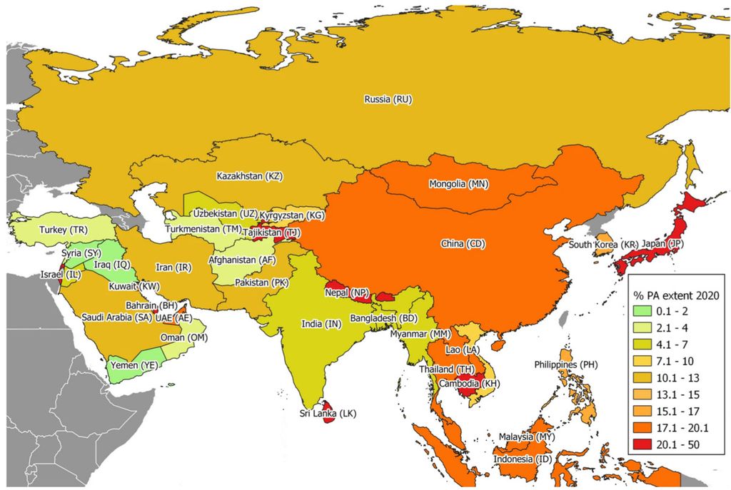 Persentase kawasan lindung (PA) pada tahun 2020 di negara-negara Asia.