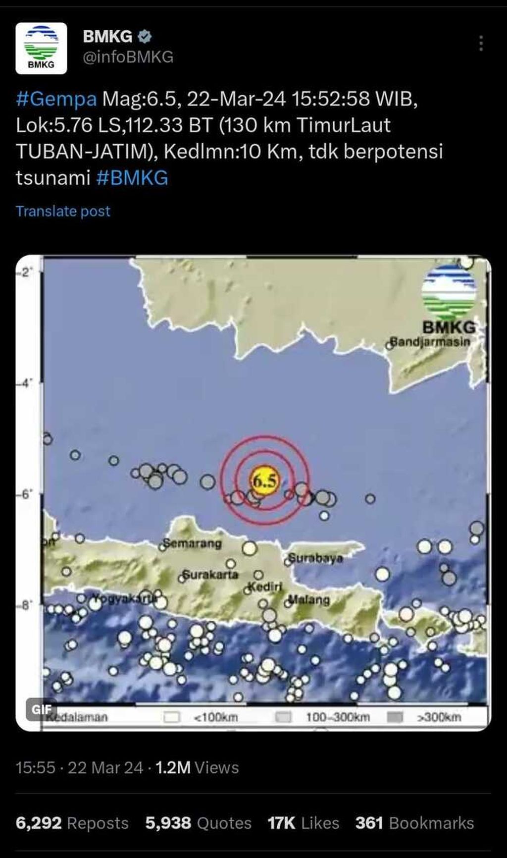 Gempa bumi berkekuatan M 6,5 mengguncang wilayah Tuban, Jawa Timur, pada Jumat (22/3/2024) pukul 15.52 WIB.