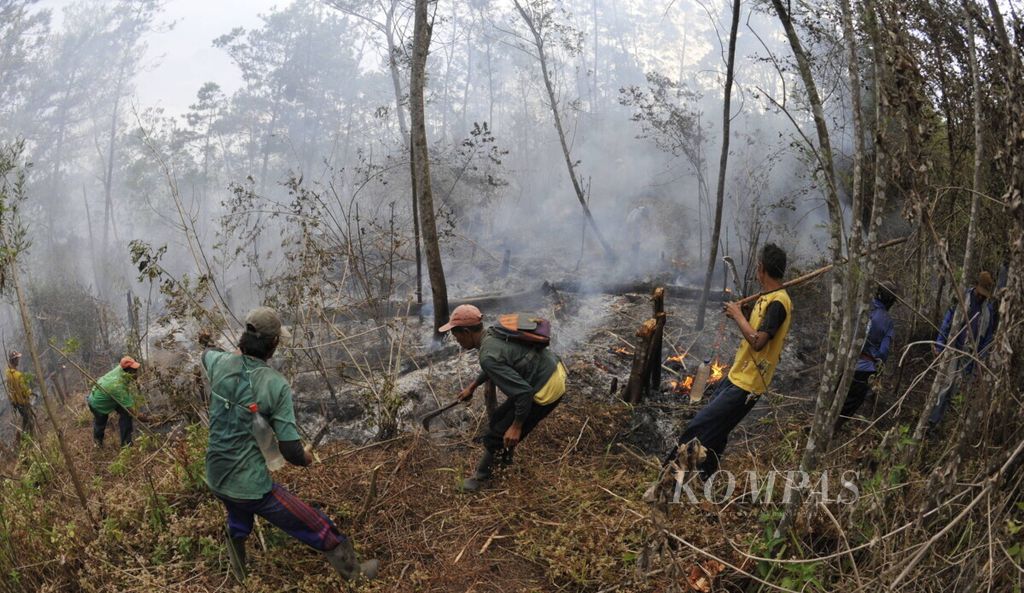 Sejumlah warga berusaha melokalisasi api yang membakar lahan hutan agar tidak merambat di lereng timur Gunung Lawu di Kecamatan Panekan, Kabupaten Magetan, JawaTimur, Rabu (30/9). Ratusan sukarelawan gabungan dari petugas Perhutani, polisi kehutanan, TNI, Polri, dan warga setempat dikerahkan untuk memadamkan kebakaran hutan di Ngawi dan Magetan. Kondisi hutan yang kering dan lokasi kebakaran di lereng-lereng gunung yang sukar dijangkau menyebabkan kebakaran sulit dipadamkan.