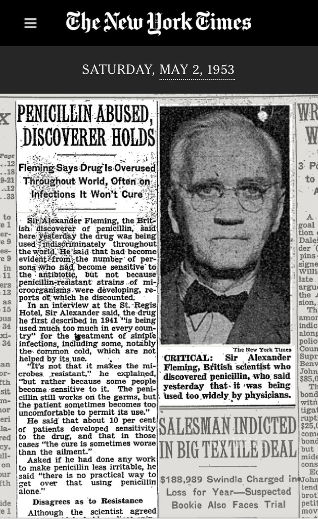 Tangkapan layar dari arsip surat kabar <i>The New York Times</i> pada 2 Mei 1953 di halaman 16. 