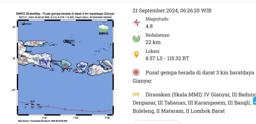 Informasi gempa tektonik di Gianyar, Bali, Sabtu (21/9/2024). Foto tangkapan layar di laman resmi BMKG.