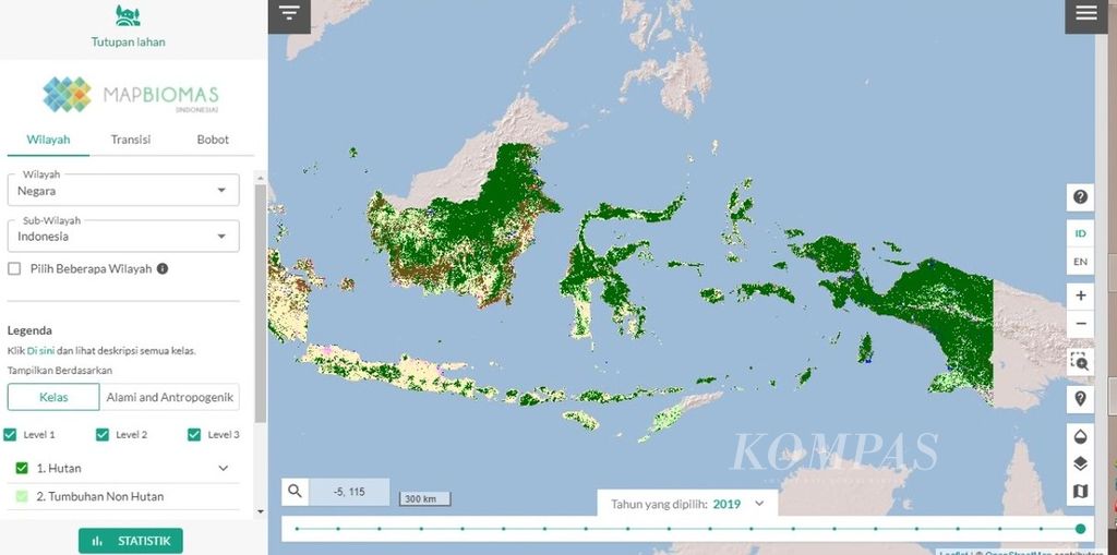 Cuplikan gambar dari platform MapBiomas Indonesia 1.0 yang dibidani oleh sembilan lembaga lingkungan di Indonesia bersama Auriga Nusantara, Kamis (24/3/2022). Platform ini mampu menyajikan data hingga infografis soal tutupan lahan di Indonesia.