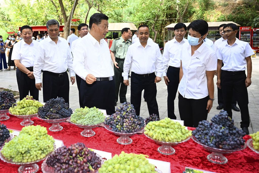  Presiden China Xi Jinping (depan, ketiga dari kiri) berkunjung ke Grape Valley di Turpan, Wilayah Otonomi Uighur Xinjiang, China barat laut, 14 Juli 2022. 