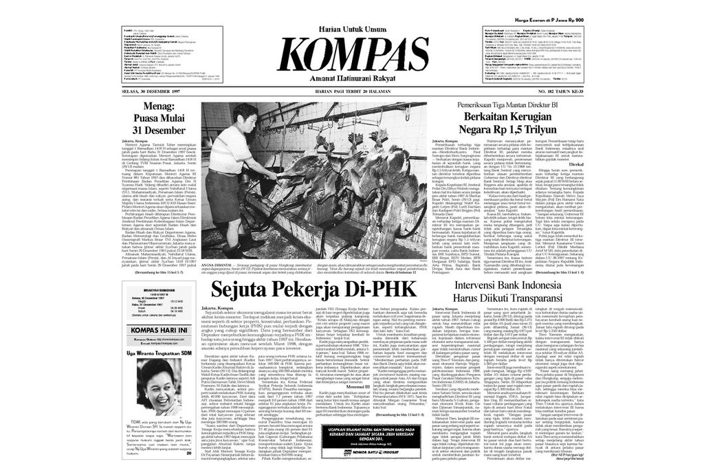 Halaman depan Kompas, Selasa, 30 Desember 1997.