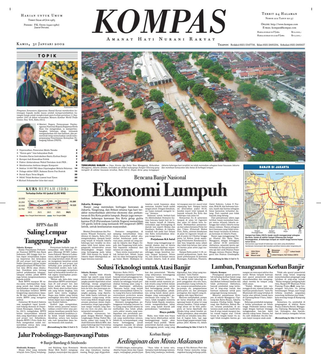 Sebagian halaman 1 Harian "Kompas" edisi Kamis, 31 Januari 2002