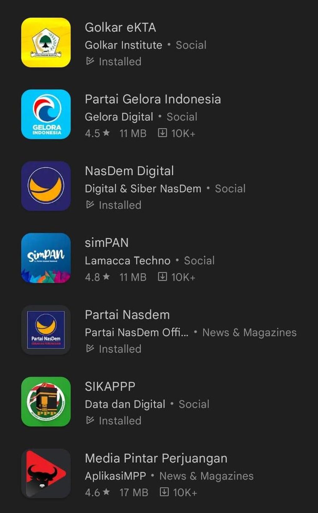 Tangkapan layar sejumlah aplikasi digital partai politik yang bisa diunduh dari platform Google Play Store.