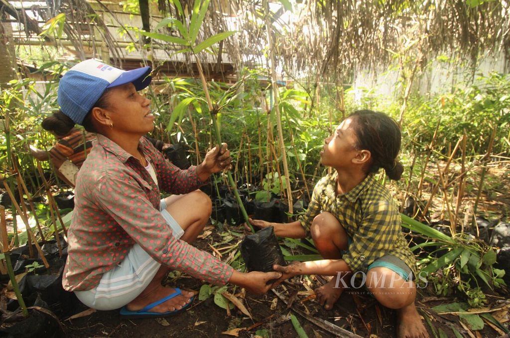 Perempuan di Desa Wolowea, Kabupaten Nagekeo, Nusa Tenggara Timur, mengangkat bibit bambu untuk ditanam di daerah aliran sungai, Rabu (22/6/2022). 