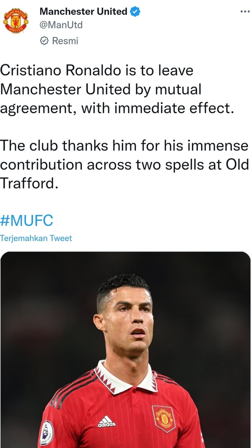 Pengumuman Manchester United tentang perpisahan dengan Cristiano Ronaldo berdasarkan kesepakatan bersama.