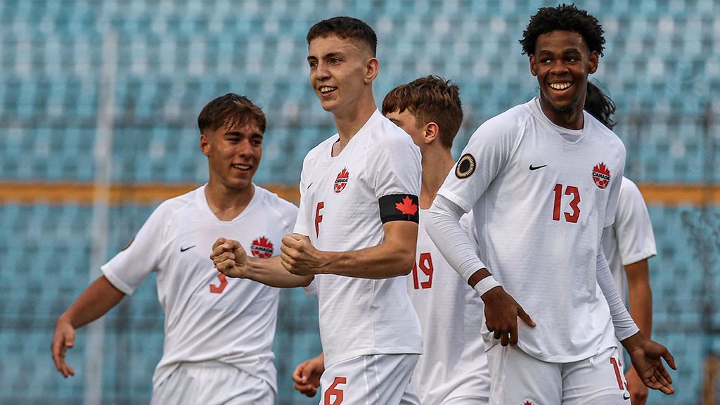 Canada U-17 defender and captain Lazar Stefanovic (second from left) celebrates his goal against Puerto Rico in the quarterfinals of the CONCACAF U-17 Cup, February 2023. Stefanovic is Canada's mainstay to compete in Group B.