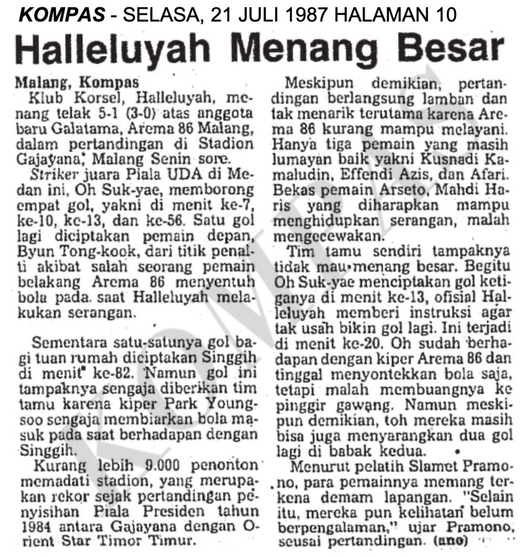 Arsip<i> Kompas</i> edisi Selasa, 21 Juli 1987, yang menyajikan berita uji coba Arema 86 menghadapi tim Korea Selatan, Halleluyah.