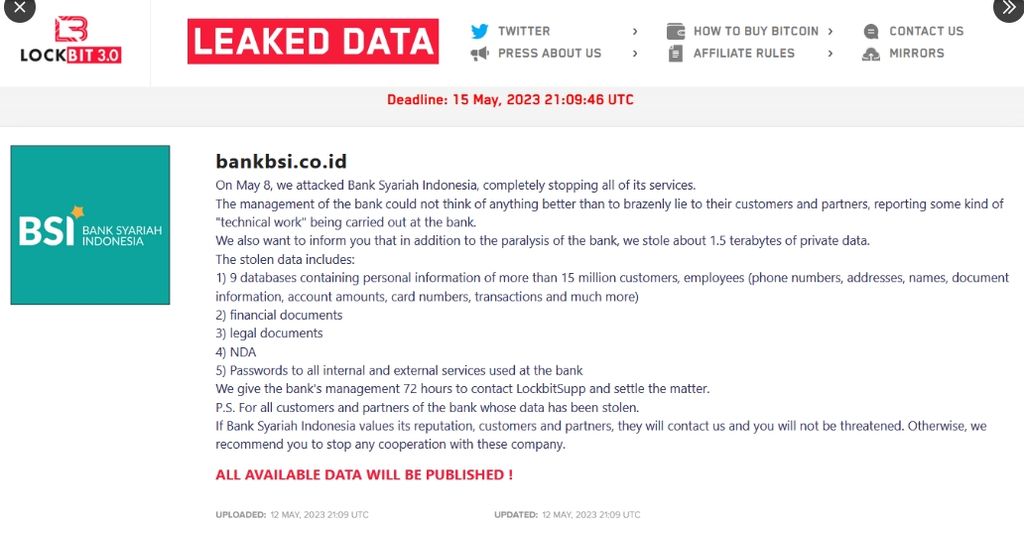 Tangkapan layar unggahan akun Twitter @darktracer_int yang menunjukkan klaim kelompok peretas Lockbit yang menyebut telah menyerang sistem PT Bank Syariah Indonesia Tbk yang membuat layanan bank itu terganggu sejak Senin (8/5/2023). Kelompok itu juga mengklaim telah mencuri data pribadi pelanggan dan pegawai BSI.
