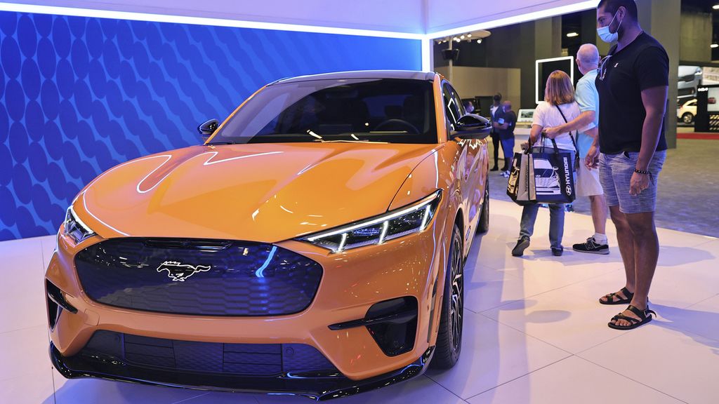 Ford Mustang Mach-E electric car at the Miami International Auto Show in October 2021.