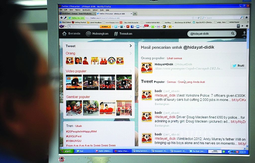 Media sosial menjadi salah satu alat kampanye efektif bagi calon gubernur DKI Jakarta, seperti yang dilakukan salah satu pasang calon gubernur di Twitter, 8 Juli 2012.