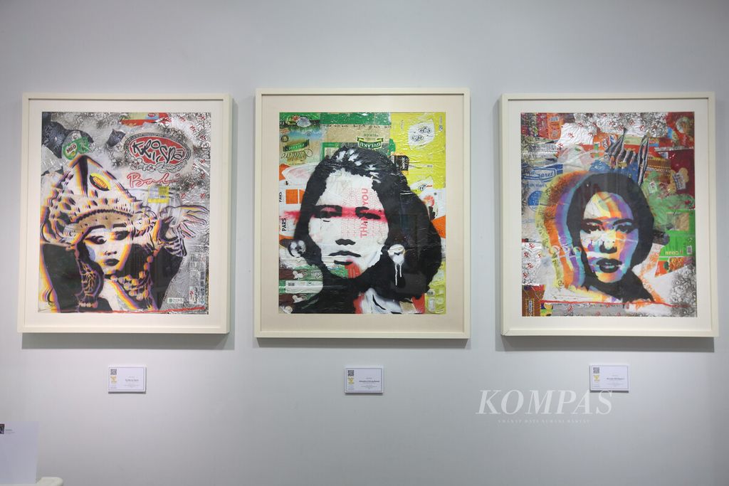 Lukisan berjudul (kiri ke kanan) "The Warrior Dance", "Silhouette of Strong Woman" dan "UN-Mask HER Beauty II" karya Made Bayak turut serta dalam pameran Art Moments Jakarta Online 3 (AMJO 3) di Art:1 Museum, Jakarta, Kamis (9/6/2022). Pameran berlangsung hingga 12 Juni ini. 