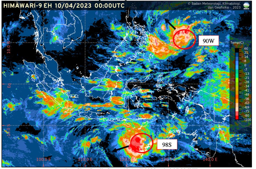 Dua bibit siklon bisa dilihat dari citra Satelit Cuaca 10 April 2023 pukul 07.00 WIB. Sumber: BMKG