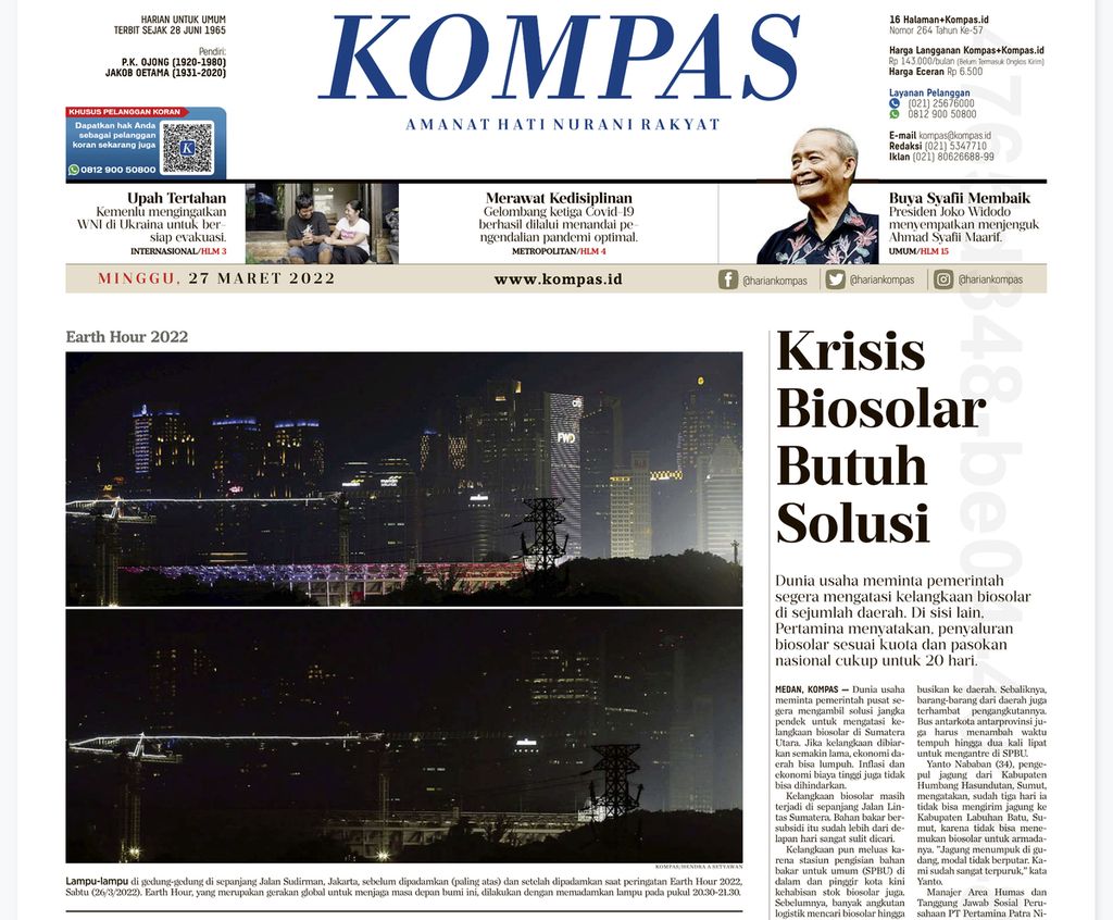 Foto utama Kompas Edisi Minggu (27/3/2022) 