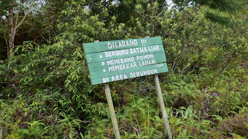 Papan larangan yang ada di Jerumbun, kawasan konservasi yang jadi penyangga Taman Nasional Tanjung Puting (TNTP).