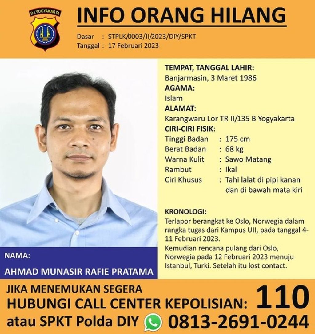 Informasi mengenai hilangnya dosen Universitas Islam Indonesia (UII), Yogyakarta, Ahmad Munasir Rafie Pratama. Gambar bersumber dari Instagram Polda DIY.