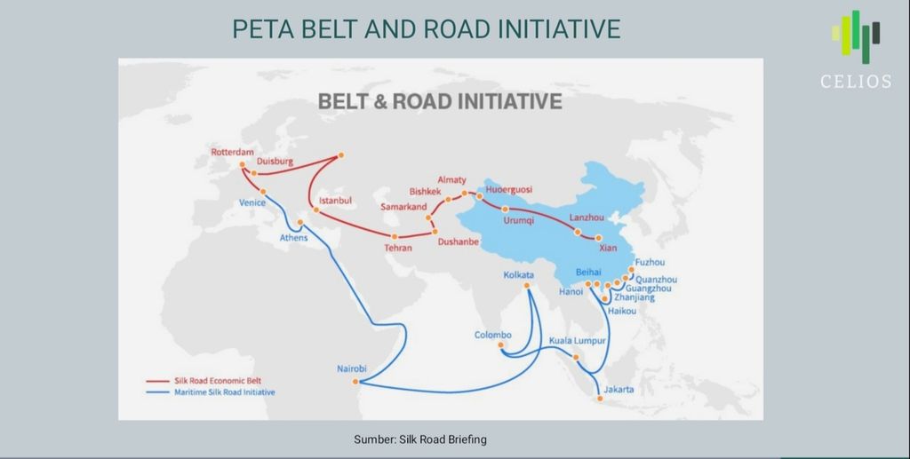 Map of the Belt and Road Initiative project, also known as China's Silk Road Economic Belt and 21st-century Maritime Silk Road.