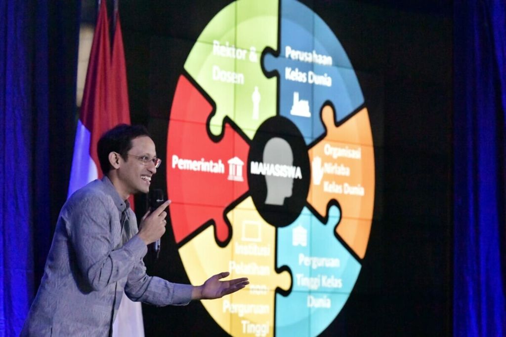 Menteri Pendidikan dan Kebudayaan Nadiem Makarim menjelaskan kebijakan Merdeka Belajar–Kampus Merdeka di Kementerian Pendidikan dan Kebudayaan, Jakarta, Jumat (24/1/2020).