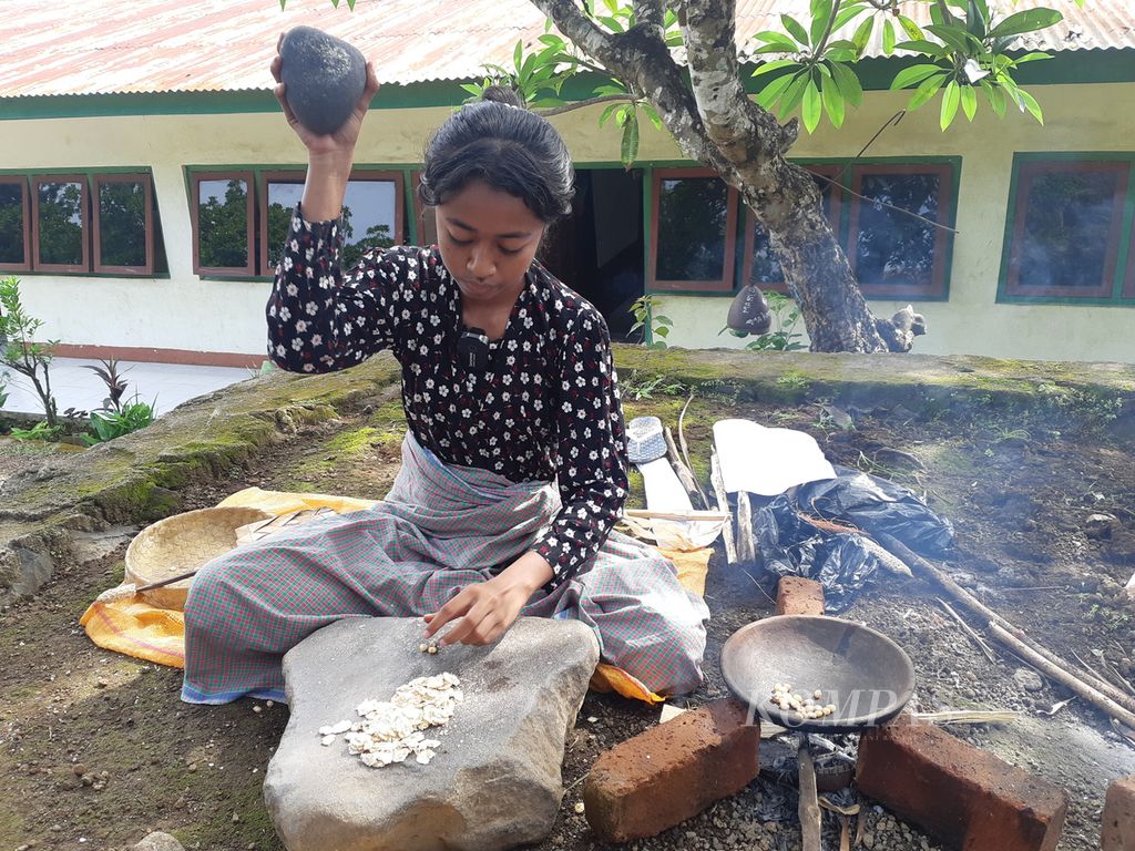 Siswi Sekolah Dasar Katolik Witihama di Pulau Adonara, Kabupaten Flores Timur, Nusa Tenggara Timur, memipih jagung di sekolah mereka pada Rabu (5/4/2023). Jagung yang dipipih atau dalam sebutan lokal jagung titi merupakan makanan khas warga Pulau Adonara.
