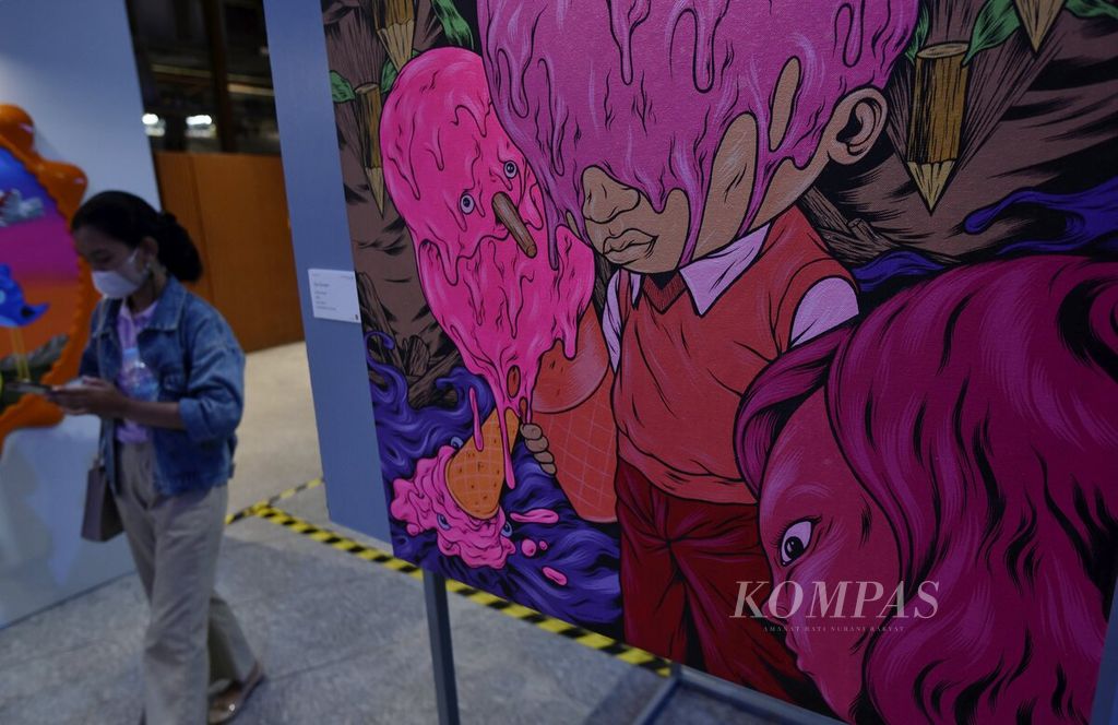 Lukisan berjudul Eye Scream karya Wedhar Riyadi ditampilkan dalam pameran seni rupa kontemporer bertajuk Big Picture yang berlangsung di Ashta District 8, Jakarta, Senin (30/1/2023). 
