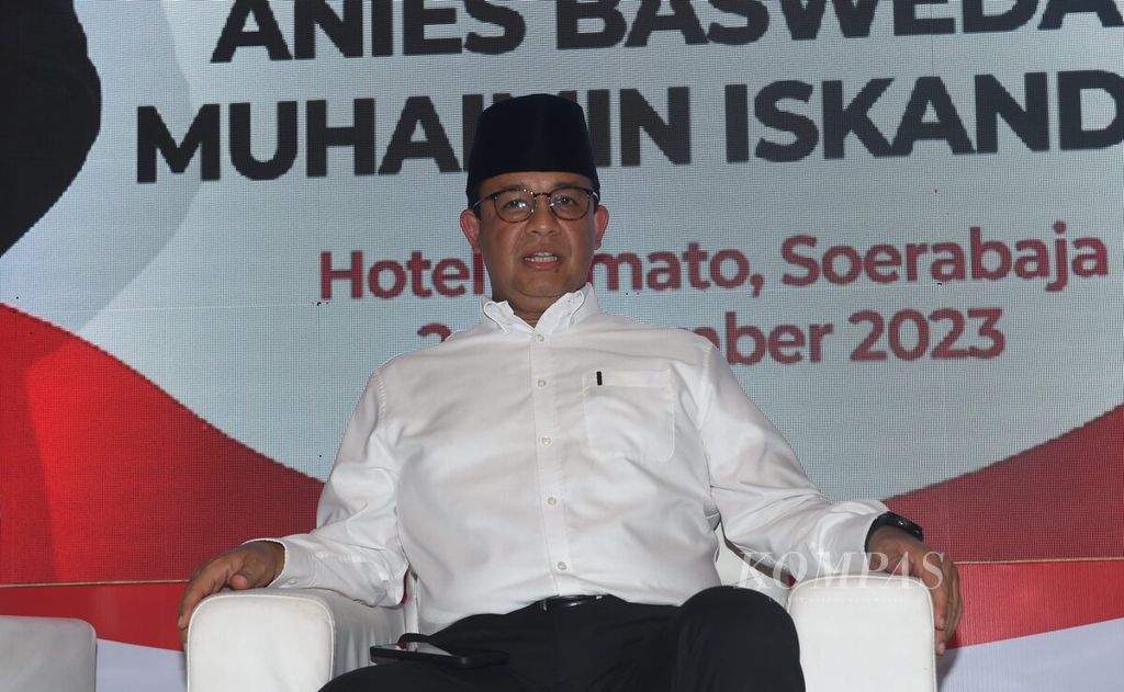 Bakal calon presiden Anies Baswedan saat Deklarasi Capres dan Cawapres 2024 oleh Koalisi Perubahan untuk Persatuan di Hotel Majapahit, Surabaya, Jawa Timur, Sabtu (2/9/2023). 