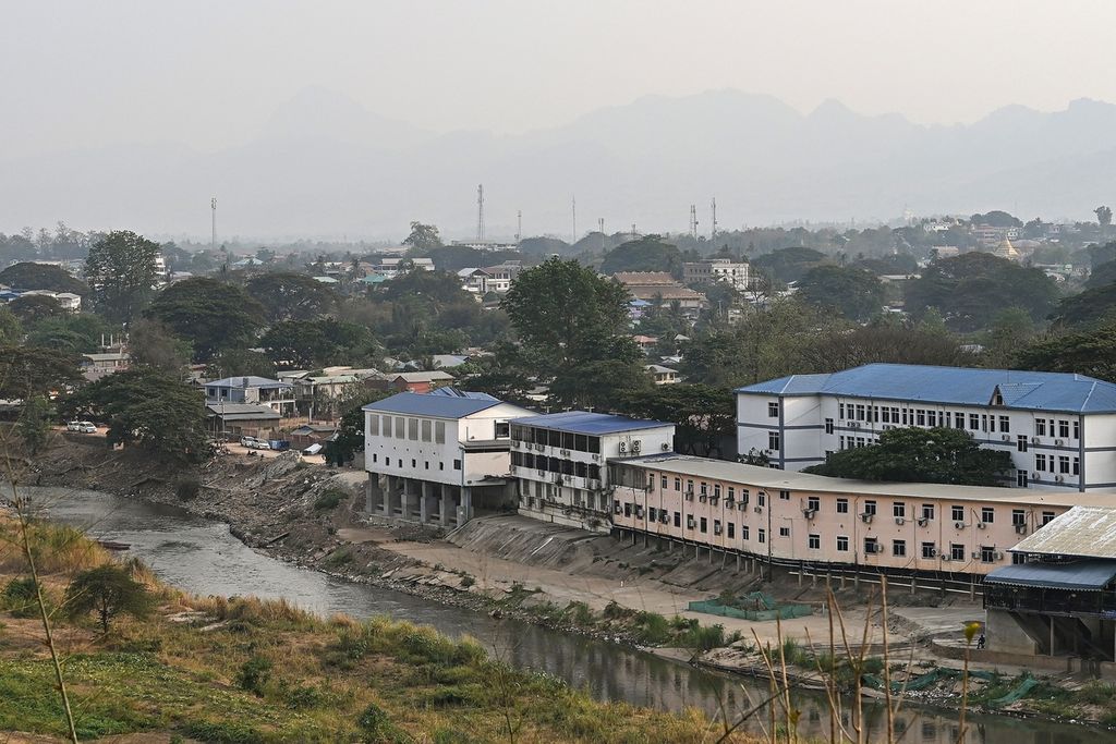 View of the town of Myawaddy, Myanmar, seen from across the Thai side in Mae Sot District on April 11, 2024.