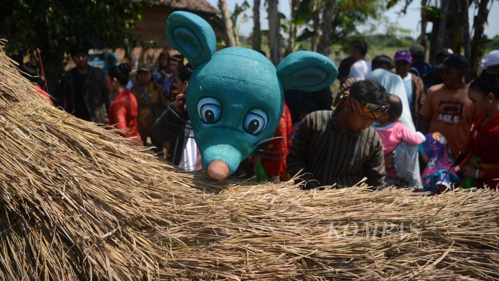 Warga mengenakan kostum tikus saat mengarak hasil panen dalam acara gelar budaya tani Mbok Sri Mulih di Desa Delanggu, Kecamatan Delanggu, Kabupaten Klaten, Jawa Tengah, Sabtu (29/9/2018).