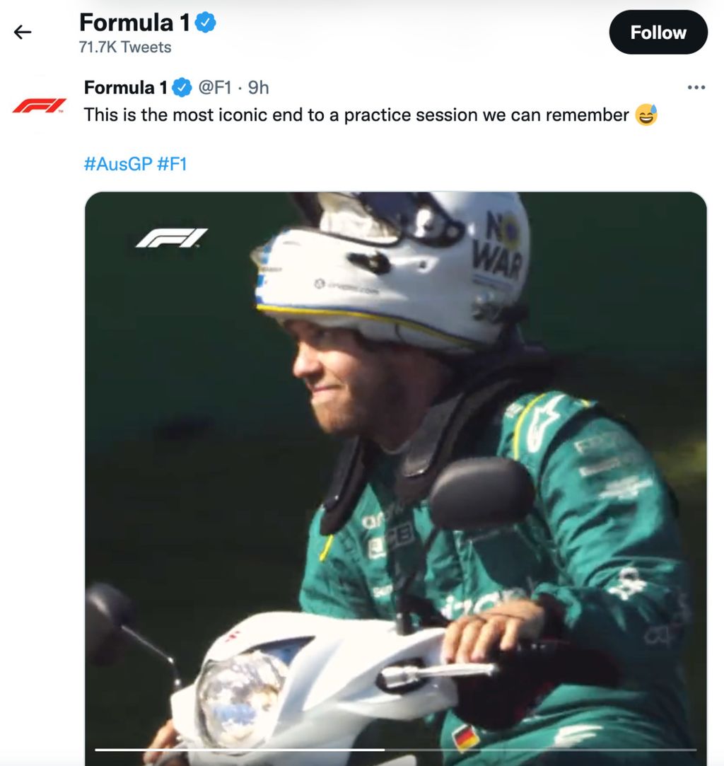 Tangkapan layar dari akun Twitter resmi Formula 1 menampilkan rekaman video pebalap Aston Martin, Sebastian Vettel, sedang menaiki skuter melewati trek Sirkuit Albert Park, Australia, setelah latihan pertama, Jumat (8/4/2022). Akibat tindakan yang melanggar aturan Formula 1 tersebut, Vettel didenda Rp 78 juta.