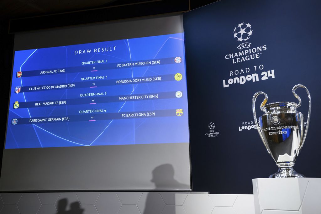 Hasil undian babak perempat final Liga Champions ditampilkan melalui layar raksasa di markas UEFA di Nyon, Swiss, Jumat (15/3/2024). 