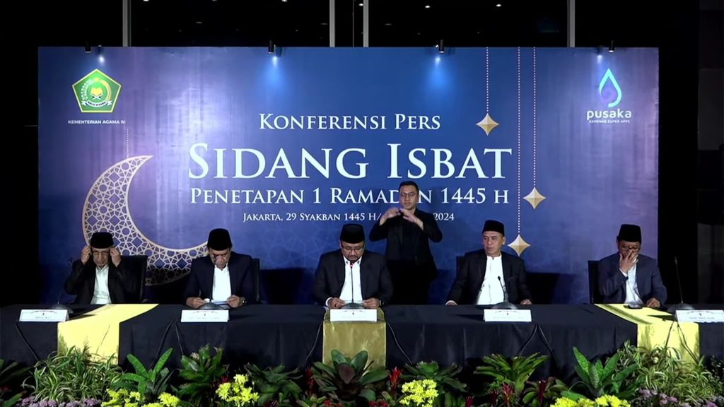 Penetapan awal Ramadhan 1445 Hijriah dalam konferensi pers di kantor Kementerian Agama, Jakarta, Minggu (10/3/2024) malam.