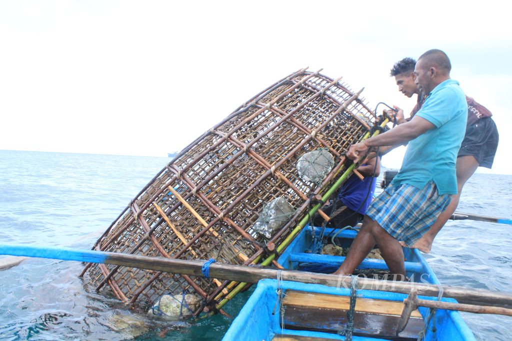 Nelayan menarik bubu, alat tangkap tradisional, dari dalam laut di Desa Assilulu, Kecamatan Leihitu, Kabupaten Maluku Tengah, Maluku, Sabtu (2/9/2023).