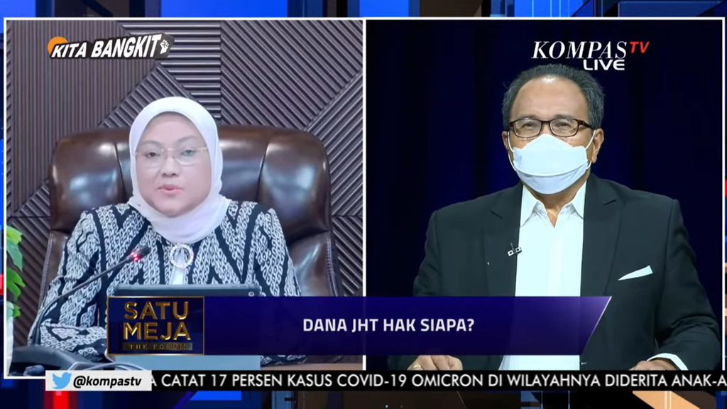 Menteri Ketenagakerjaan Ida Fauziyah dalam acara Satu Meja the Forum bertajuk ”Dana JHT Hak Siapa?” yang disiarkan Kompas TV, Rabu (16/2/2022) malam. 