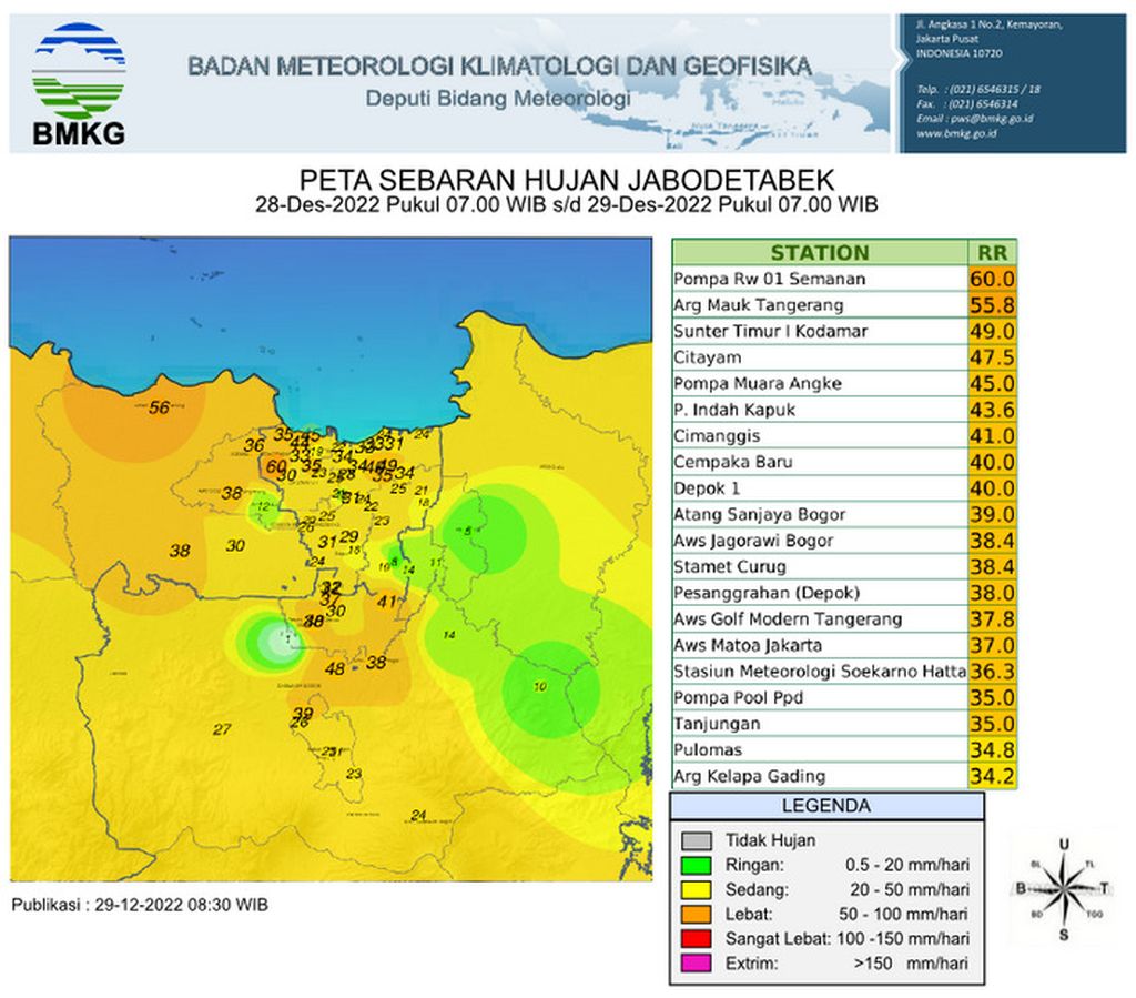 Intensitas hujan dalam 24 jam terakhir di sejumlah wilayah Jabodetabek yang tercatat BMKG pada Kamis (29/12) pagi. Sumber: BMKG