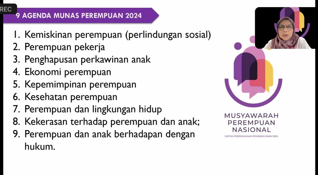 Kementerian PPPA bersama Bappenas dan organisasi masyarakat sipil akan mengadakan Munas Perempuan 2024 di Badung, Bali. Plt Sekretaris Kementerian PPPA Titi Eko Rahayu memberikan pemaparan dalam acara jumpa media secara dalam jaringan, Selasa (16/4/2024).