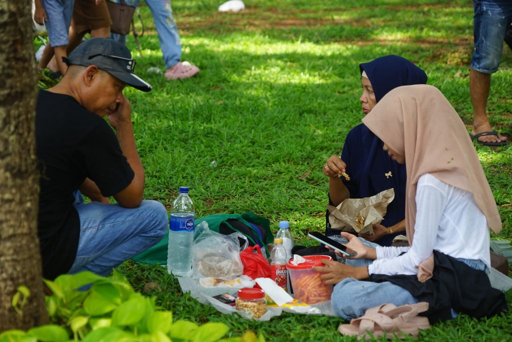 Masyarakat berpiknik di area taman Monumen Nasional, Jakarta Pusat, pada Minggu (23/4/2024).