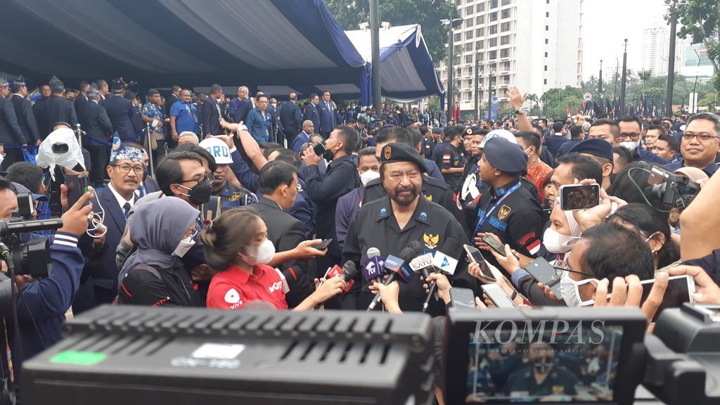 Ketua Umum Dewan Pimpinan Pusat Partai Nasdem Surya Paloh seusai acara Apel Siaga Garda Pemuda Partai Nasdem yang diselenggarakan di Kompleks Gelora Bung Karno, Rabu (15/6/2022).