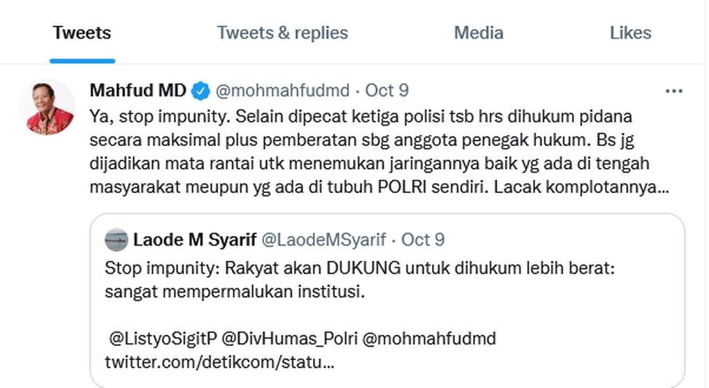 Menteri Koordinator Bidang Politik Hukum dan Keamanan Mahfud MD memberi tanggapan pada peristiwa tiga polisi yang melakukan percobaan perampokan lewat cuitannya di Twitter. 